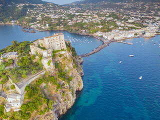 Aerial view of Ischia bridge and Aragonese castle. Ischia an island in Naples