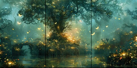 Three panel wall art illustrating a fantasy forest with mythical creatures and luminous plants