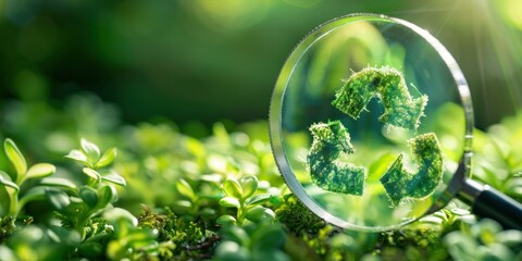 Magnifying glass with symbols reducing carbon emissions, sustainable development and green business concept.