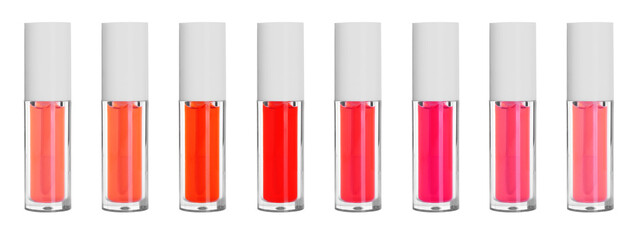 Lip glosses in different colors isolated on white, set