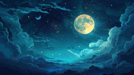 Naklejka na ściany i meble Night Sky: A mystical illustration of the night sky with a full moon shining brightly