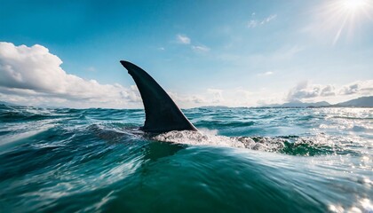 shark fin on surface of ocean agains blue cloudy sky