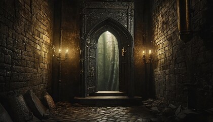 door in the darkness grim dark fantasy dungeon cell necromancer lair horror by generative ai