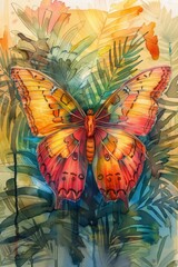 A watercolor painting of a butterfly with bright orange and yellow wings and red and orange markings on a background of green leaves.