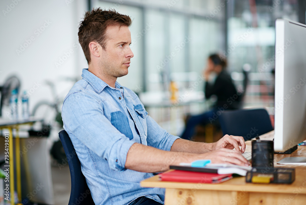 Poster Man, office and computer with online research for creativity, designs and ideas for project as graphic designer. Employee, working and desktop in desk in startup business or agency with deadline