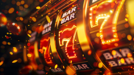 A Bar Bar Bar 7 slot machine with three reels. The reels are lit up and the machine is surrounded by sparks