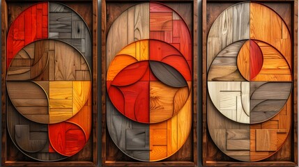 Three panel wall art of an art deco style geometric pattern transitioning colors and shapes - obrazy, fototapety, plakaty