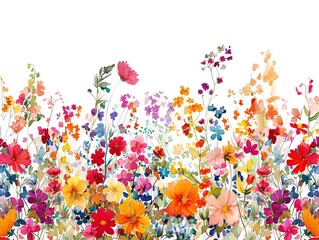 A watercolor painting of a field of flowers. The flowers are mostly red, pink, yellow, and purple. The background is white. The painting has a loose, painterly style.