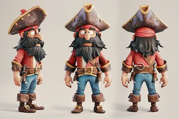 A meticulously crafted pirate figure in three stances, displaying rich textures and a vibrant costume.