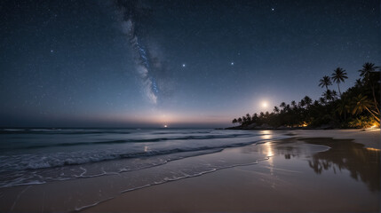Moonlit Beach: Serene Night Under Starry Skies