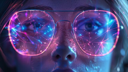 A woman wearing glasses with a glowing network of lines and dots.