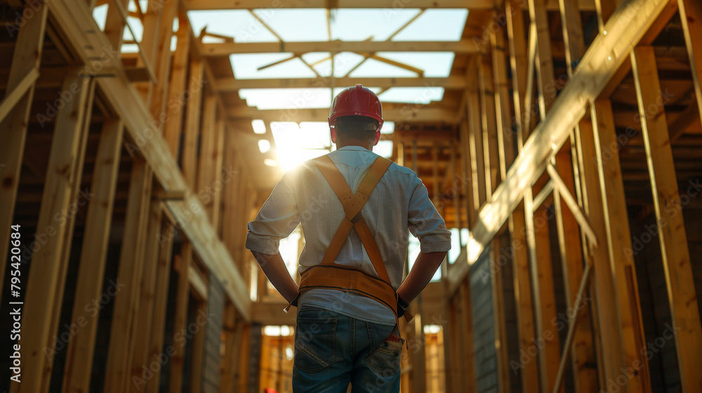 Aufkleber a construction worker wearing a hard hat stands in a large open space. the worker is looking up at t