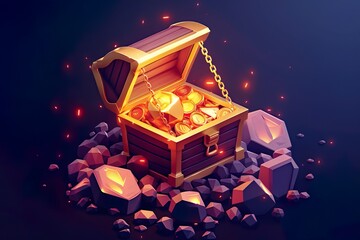 A vibrant illustration of an open treasure chest filled with shining gold coins and large gems, emitting a warm, magical glow against a dark background