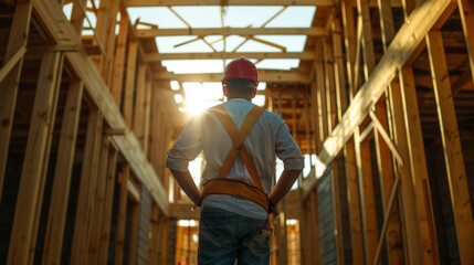 Fototapeta premium A construction worker wearing a hard hat stands in a large open space. The worker is looking up at the ceiling, possibly checking for any issues or problems