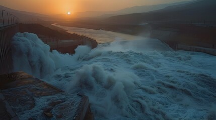 Dawn's Catastrophic Dam Rupture: A Torrential Deluge Overwhelming the Valley - obrazy, fototapety, plakaty