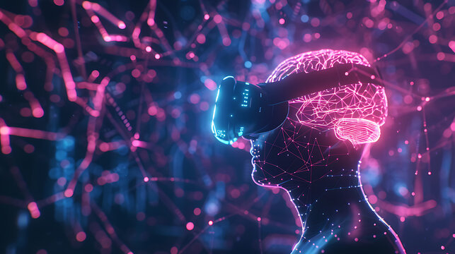 Polygonal vitual man wearing virtual reality glasses copy space. virtual analytics, analysis. VR games