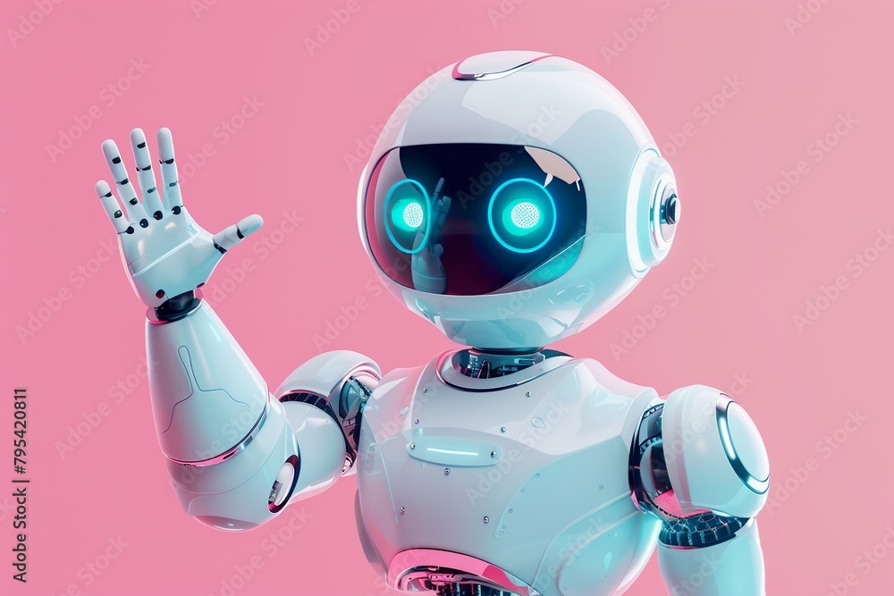 Poster highly detailed friendly robot chat bot character with expressive eyes and a futuristic orange and w