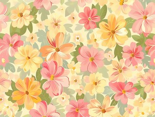 A seamless pattern of pink and yellow flowers on a light yellow background.