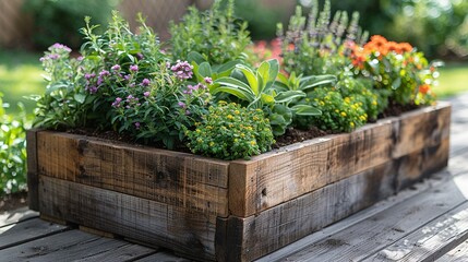 Showcase the beauty and functionality of a well-tended herb garden. Capture a close-up shot of fragrant herbs thriving in raised beds or containers