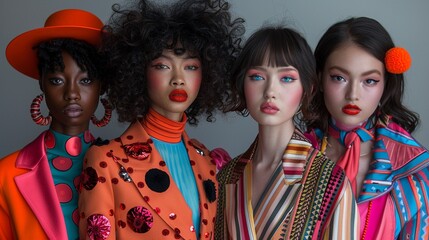 Fototapeta premium Stage a photoshoot featuring models wearing clothing and accessories adorned with perky patterns and bold colors. 