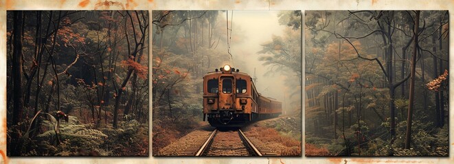 Three panel wall art showing a vintage train journey through changing landscapes