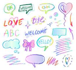 Modern gradient neon bold color pencil texture brush element. Kids pencil color brush brush texture arrow, circle, balloons shape hand drawn children's chalk pencil doodle. Vector illustration.