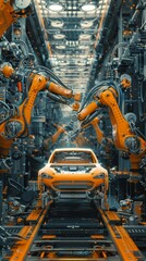 A yellow car being assembled on a production line by robotic arms