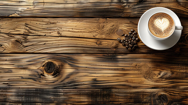 Cofee with offee beans on wooden background