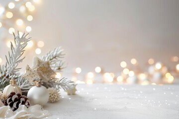 Naklejka na ściany i meble Elegant White Christmas Ornaments on Ethereal Snowy Backdrop
