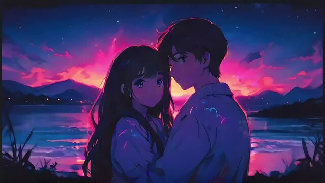 Lofi Animation. The couple hugs and faces each other against the background of the ocean. Cartoon Anime, neon lighting.