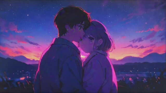 Lofi Animation. The couple hugs and faces each other against the background of the ocean and particle effect, anime, neon lighting.