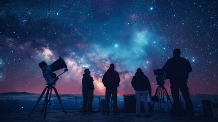 Telescope: A photo of a group of astronomers discussing observations at a telescope observatory - obrazy, fototapety, plakaty