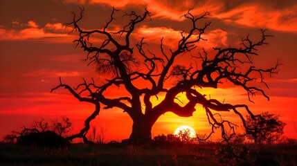 Ancient Tree Silhouette Backdropped by Fiery Orange Sunset