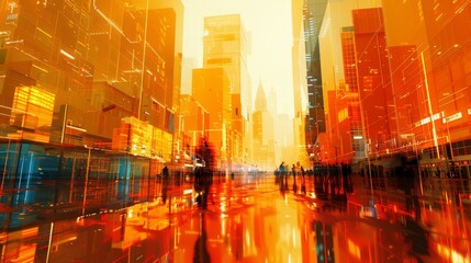An abstract painting of a city street with people walking on a reflective surface, with a warm color palette.