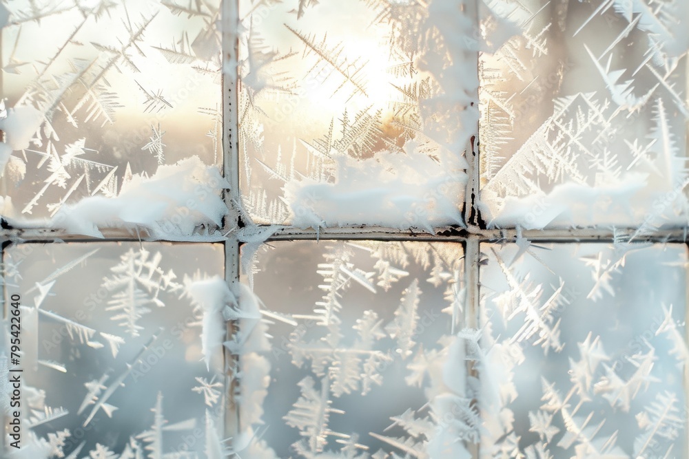 Poster frosty windowpane texture on a soft transparent white surface, adding a touch of wintry nostalgia