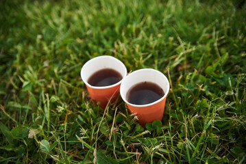 Close-up picture of two orange paper cups standing in the lush green grass in the field. Leisure time outdoors. Couple spending time at nature. Happiness in every day. Work-life-balance.