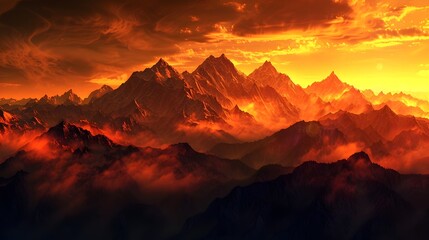 Mountain Peaks Silhouetted Against Intense Sunset Glow