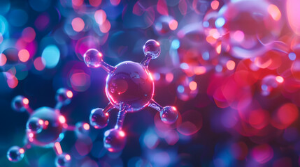 A cluster of colorful spheres with a central sphere surrounded by smaller spheres. The spheres are arranged in a way that suggests a molecular structure. The image has a vibrant and energetic feel.