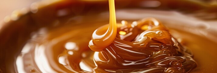 Indulge in the sumptuous richness of liquid caramel, its luscious texture tempting you with every golden swirl - obrazy, fototapety, plakaty