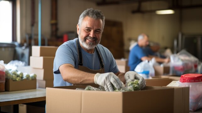 Mature men work with kindness. In an apron Volunteer at the community center and intentionally prepare donated food and water boxes.