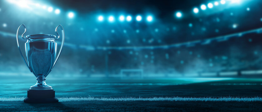 Sport banner with championship trophy on a soccer field under stadium lights. Header