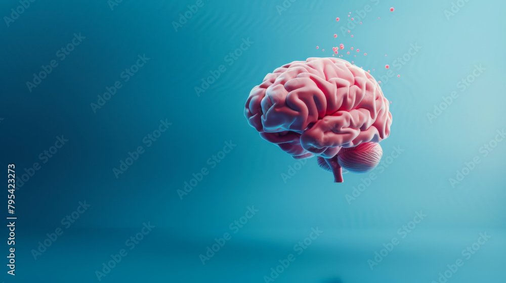 Poster a brain is shown in a close up on a blue background. the brain is pink and fuzzy, giving it a soft a