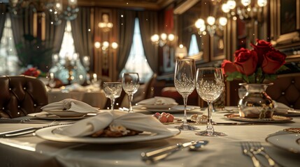 An elegant dining room with a table set for two. There is a white tablecloth and napkins, and the table is decorated with red roses. 
