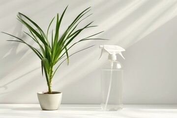 Gardening spray bottle on a soft transparent white surface, perfect for plant care graphics