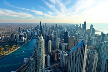 Fototapeta premium Panoramic view of Chicago's skyline,Chicago city center at sunset, view of tall building in city downtown, Ai generated