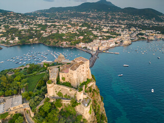 Aerial view of Ischia bridge and Aragonese castle. Ischia an island in Naples