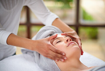 Woman, face and hands outdoor with massage for luxury skincare, wellness and relax. Facial care,...