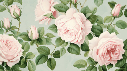 A close-up of delicate pink roses intertwined with lush green leaves, forming a seamless floral pattern against a soft pastel backdrop.
