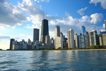 Panoramic view of Chicago's skyline,Chicago city center at sunset, view of tall building in city...