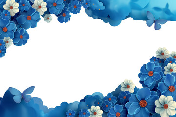 Cut out frame of blue and white flowers and butterflies with transparent transparent middle.